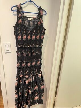 LoveShackFancy Black and Pink Floral Smocked Dress